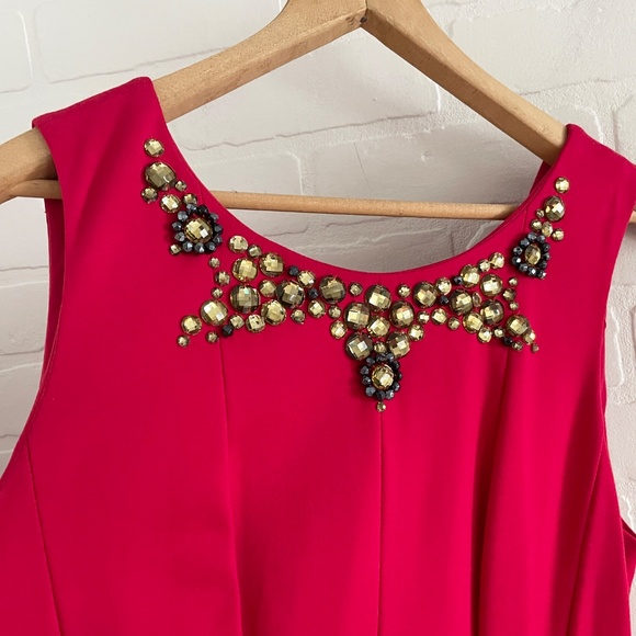 Adrianna Papell Red Pleated Mini Dress Jeweled Neck Tulle Lining Formal Sz 14 - Picture 2 of 15